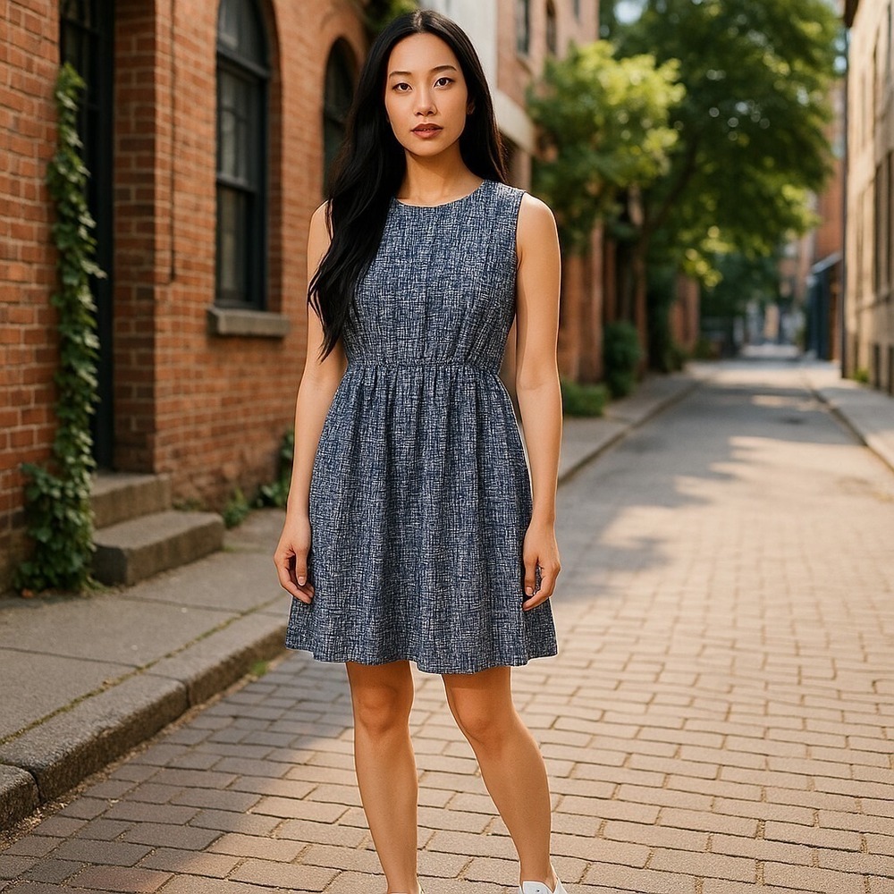 THML‎ Gathered Waist Lined Sleeveless Dress Size L Navy Print